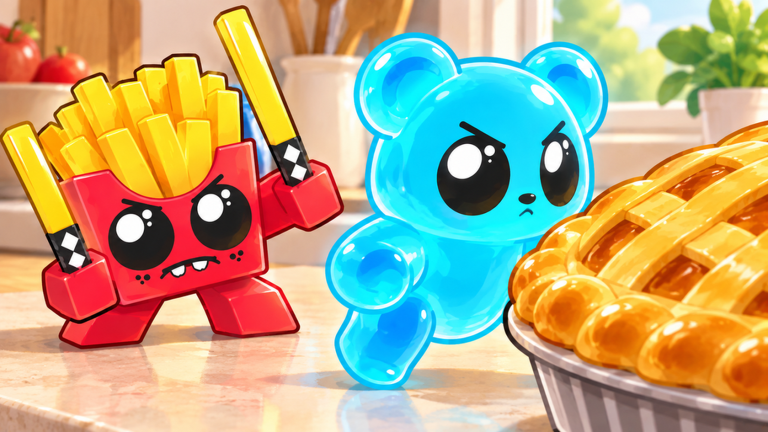 A fries-box snack faces down an approaching gummy bear next to the pie it is protecting in SNACK Defense.