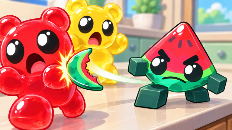 An angry watermelon snack strikes two startled gummy bears in SNACK Defense.